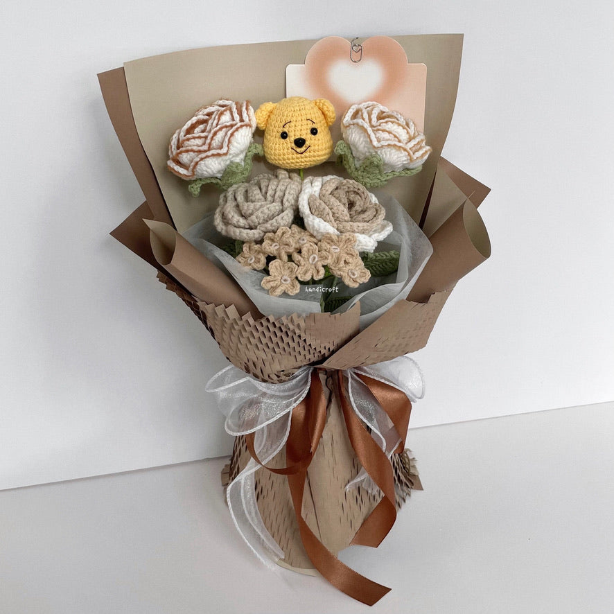 handicroft handmade crochet milk tea winnie the pooh flower bouquet pooh's honey latte