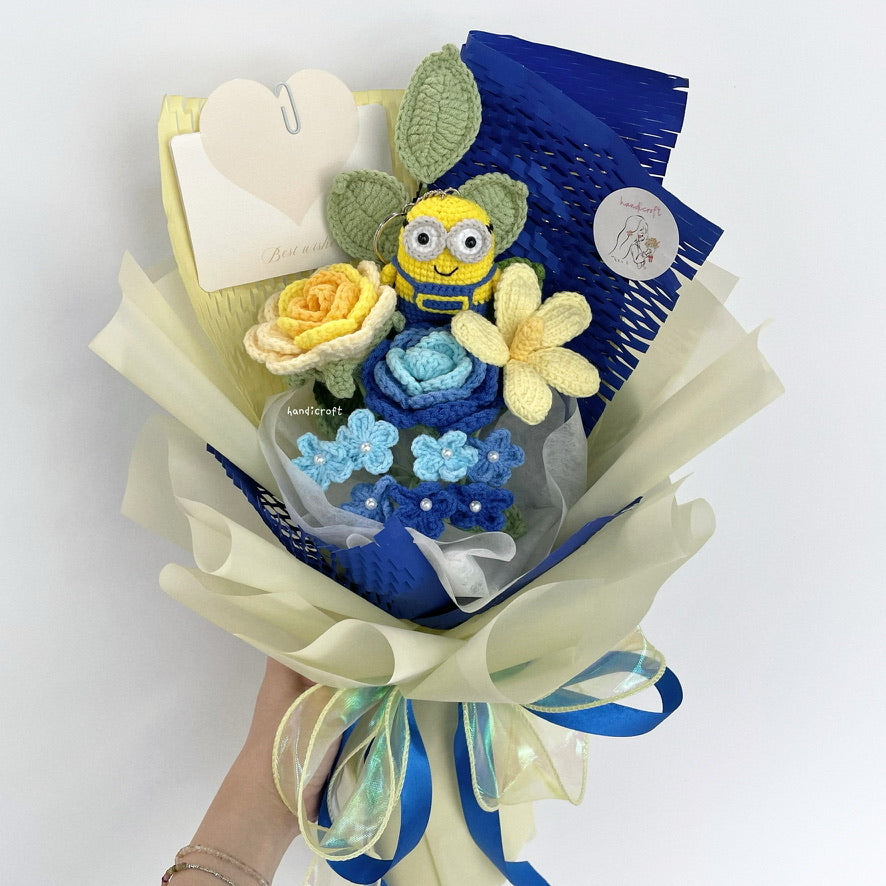 handicroft handmade crochet minion yellow & blue flower bouquet minion's mischief