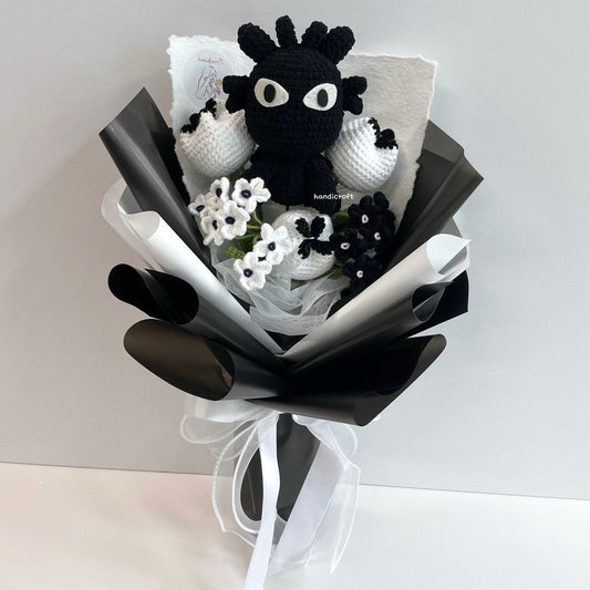 handicroft handmade crochet monochrome dragon flower bouquet night fury florals