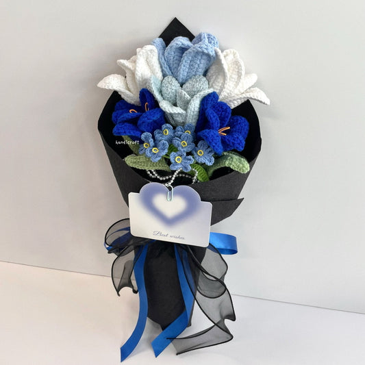 handicroft handmade crochet open blooming tulips flower bouquet season of tulips mix of blue colour theme black wrapping