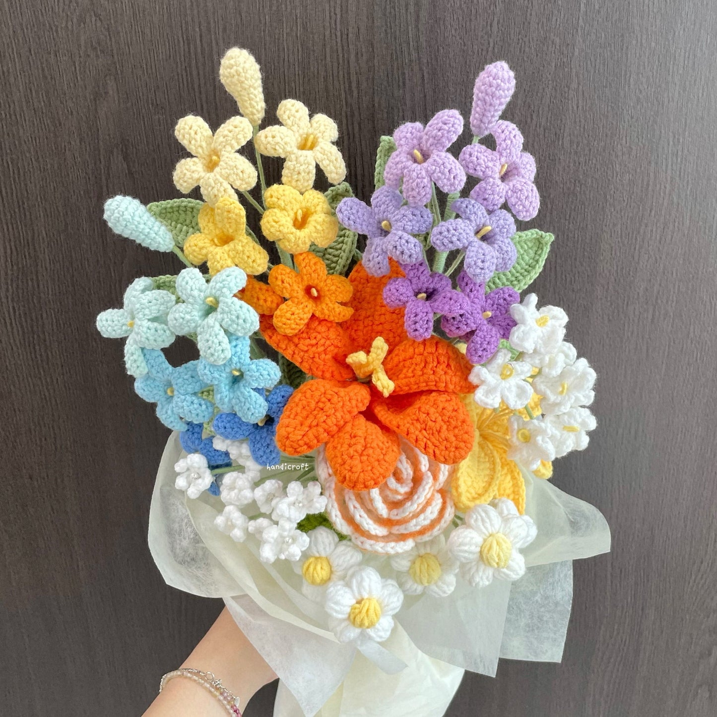 handicroft handmade crochet orange jasmine flower bouquet rainbow confetti