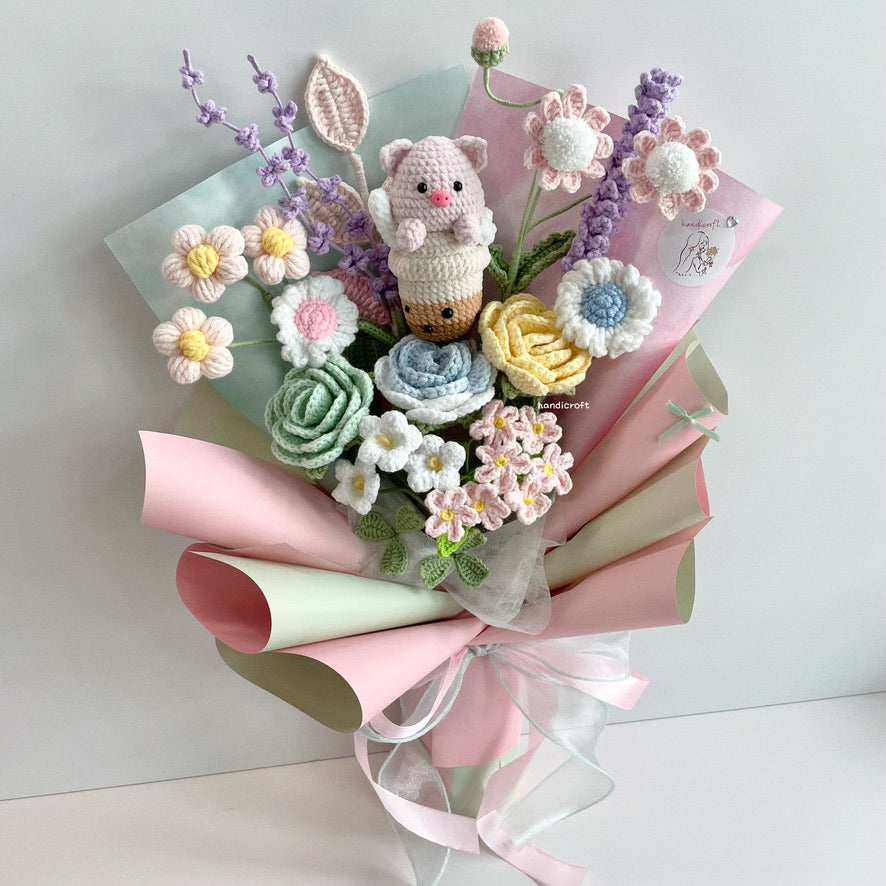 handicroft handmade crochet pastel flower bouquet boba bubble tea piggy's pastel playground