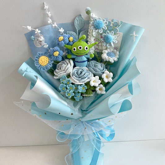handicroft handmade crochet pastel flower bouquet three-eyed alien's pastel playground blue