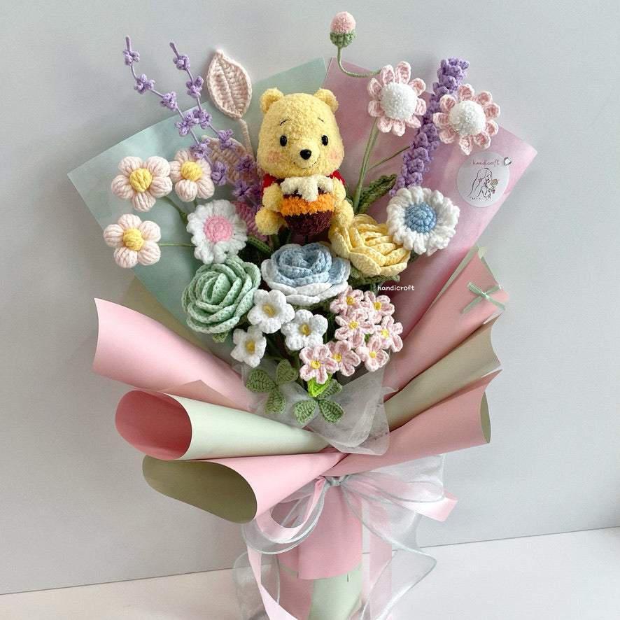 handicroft handmade crochet pastel flower bouquet winnie the pooh's pastel playground