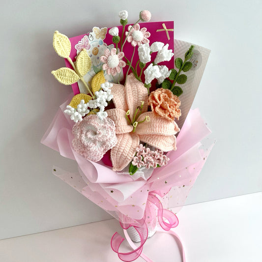 handicroft handmade crochet pastel lily flower bouquet a quiet grace