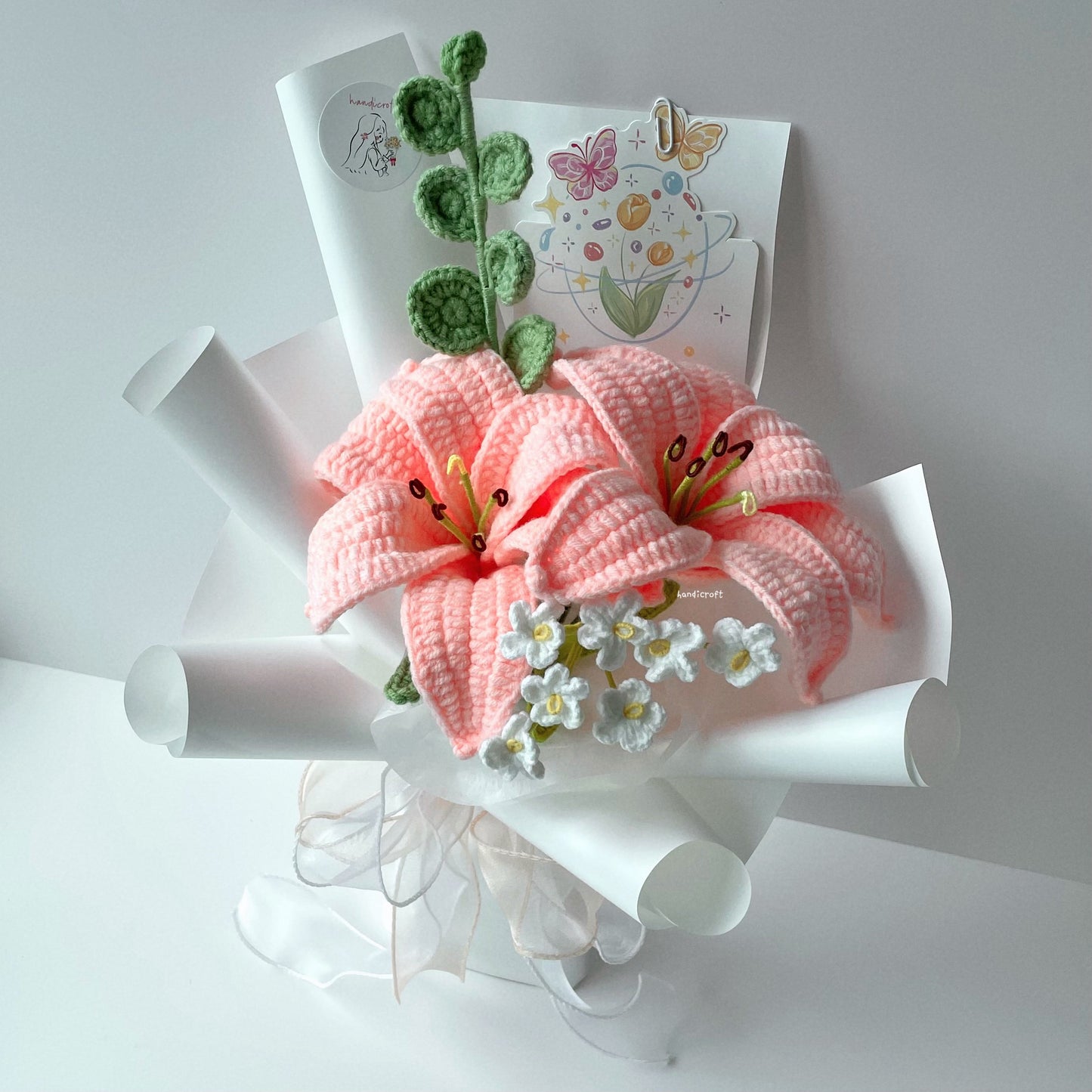 handicroft handmade crochet peach pink lily flower bouquet lily loveletter