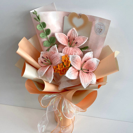 handicroft handmade crochet peachy orange lily flower bouquet lily love poem sunset edition