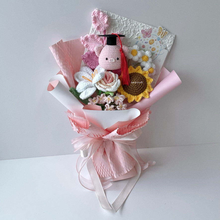 handicroft handmade crochet pig graduation flower bouquet pink skies ahead