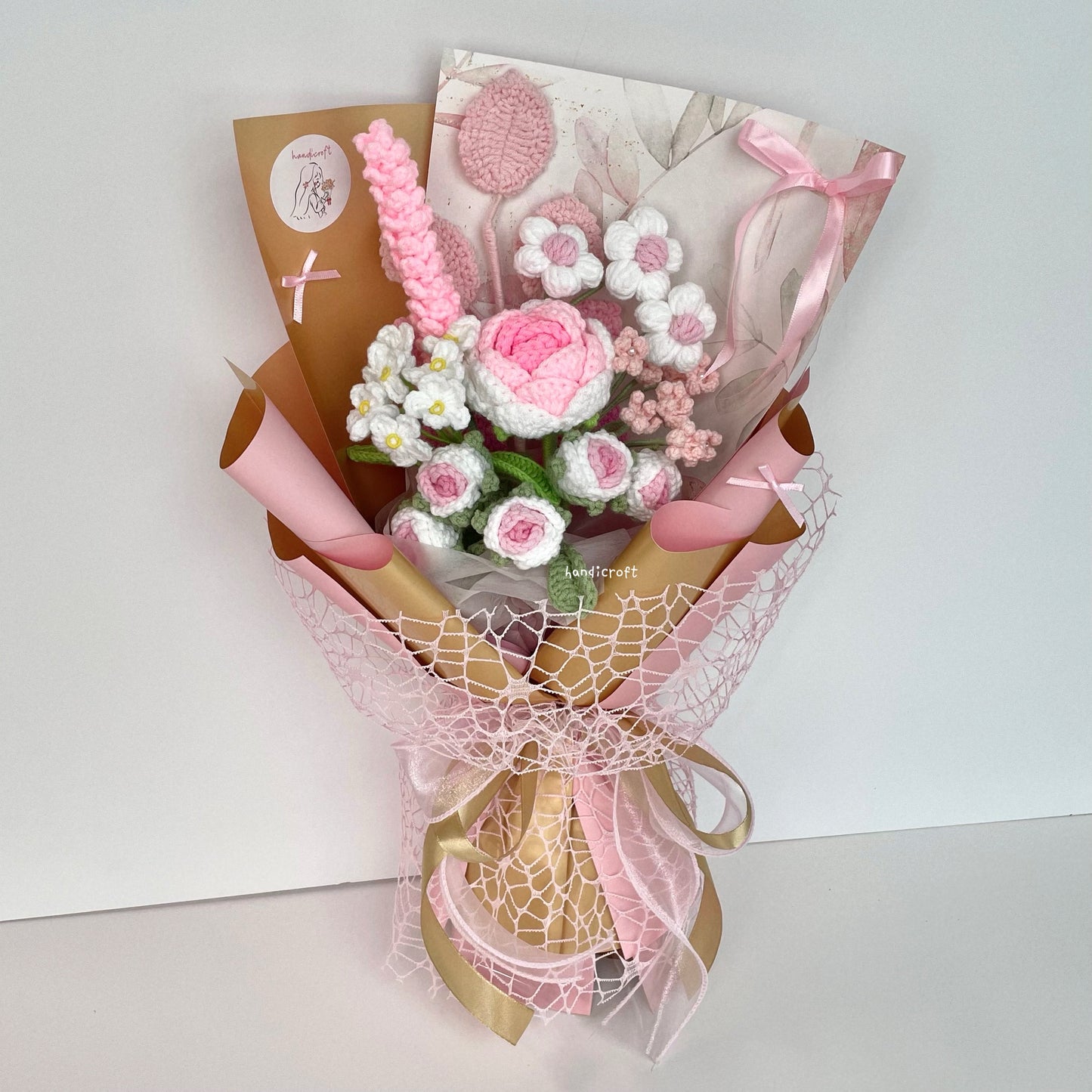 handicroft handmade crochet pink flower bouquet golden blush