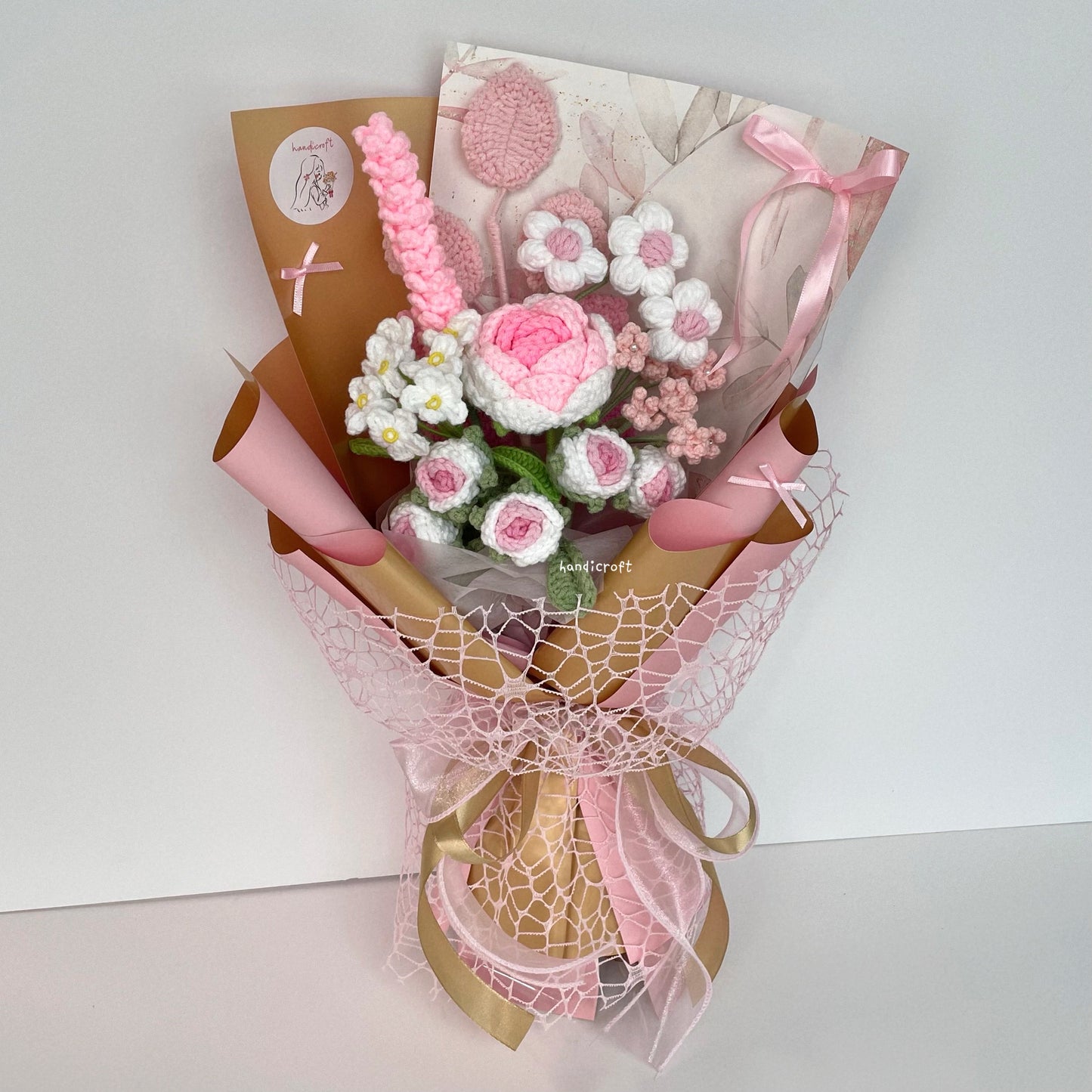 handicroft handmade crochet pink flower bouquet golden blush