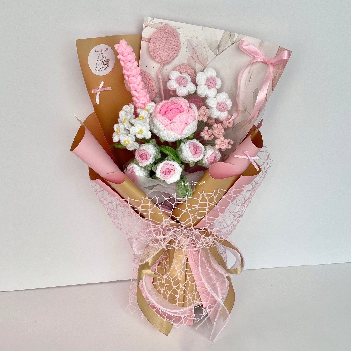 handicroft handmade crochet pink flower bouquet golden blush