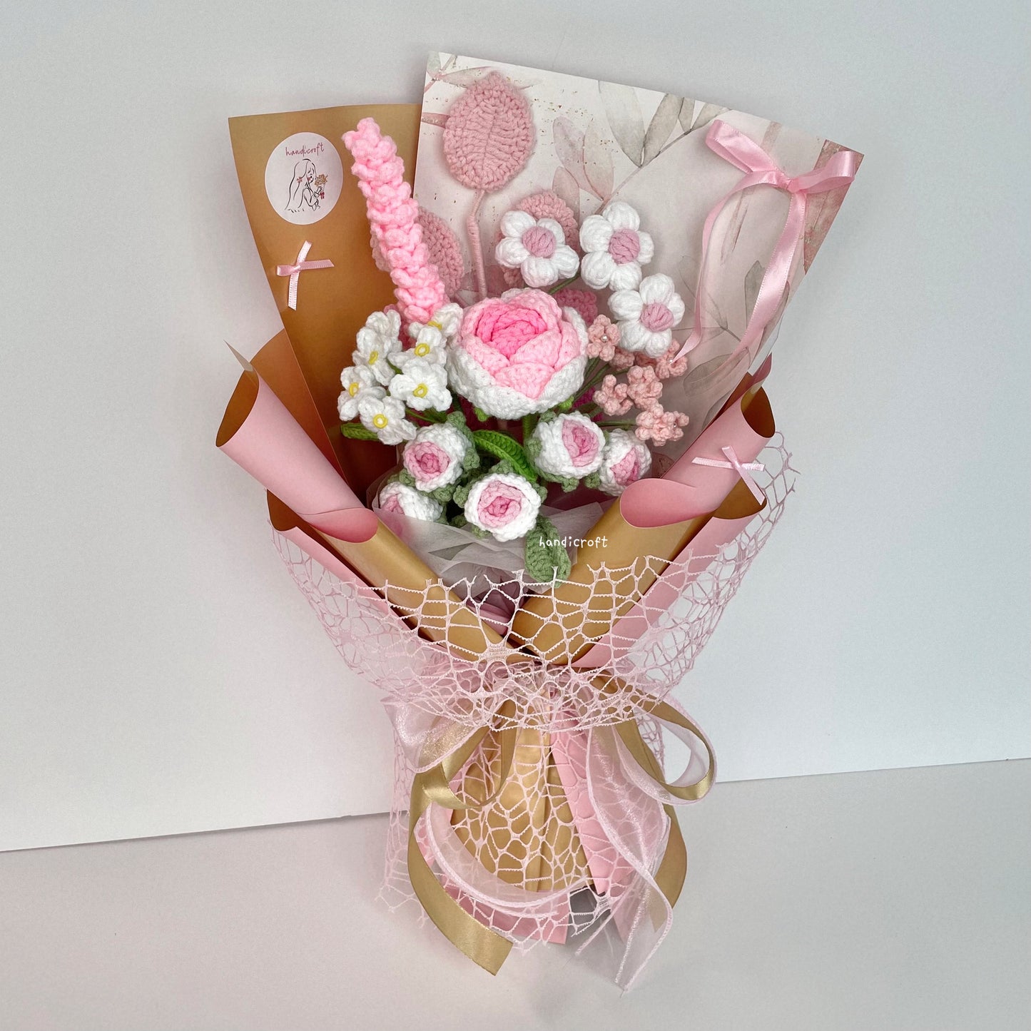 handicroft handmade crochet pink flower bouquet golden blush