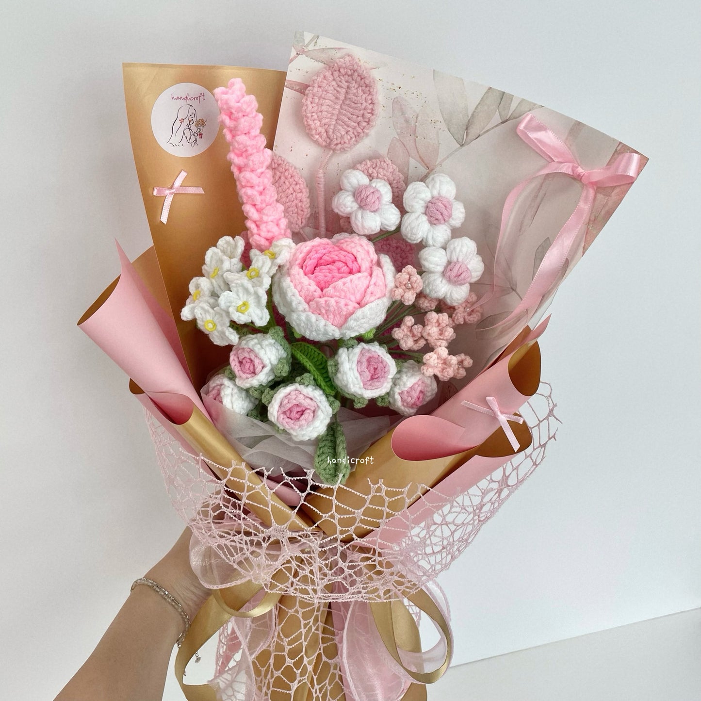 handicroft handmade crochet pink flower bouquet golden blush