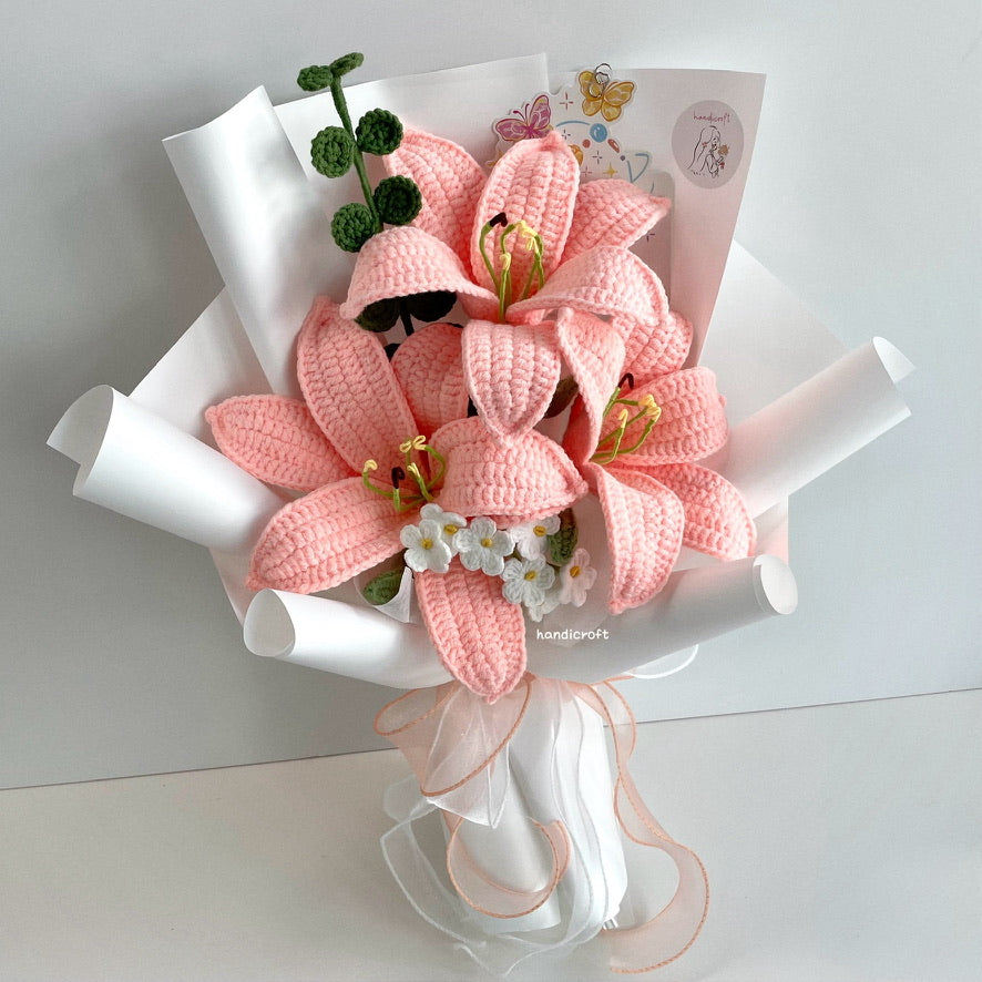 handicroft handmade crochet pink lily flower bouquet lily love letter 3 lilies