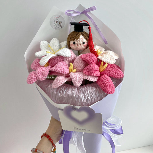 handicroft handmade crochet pink open tulips graduation flower bouquet tulips in bloom purple