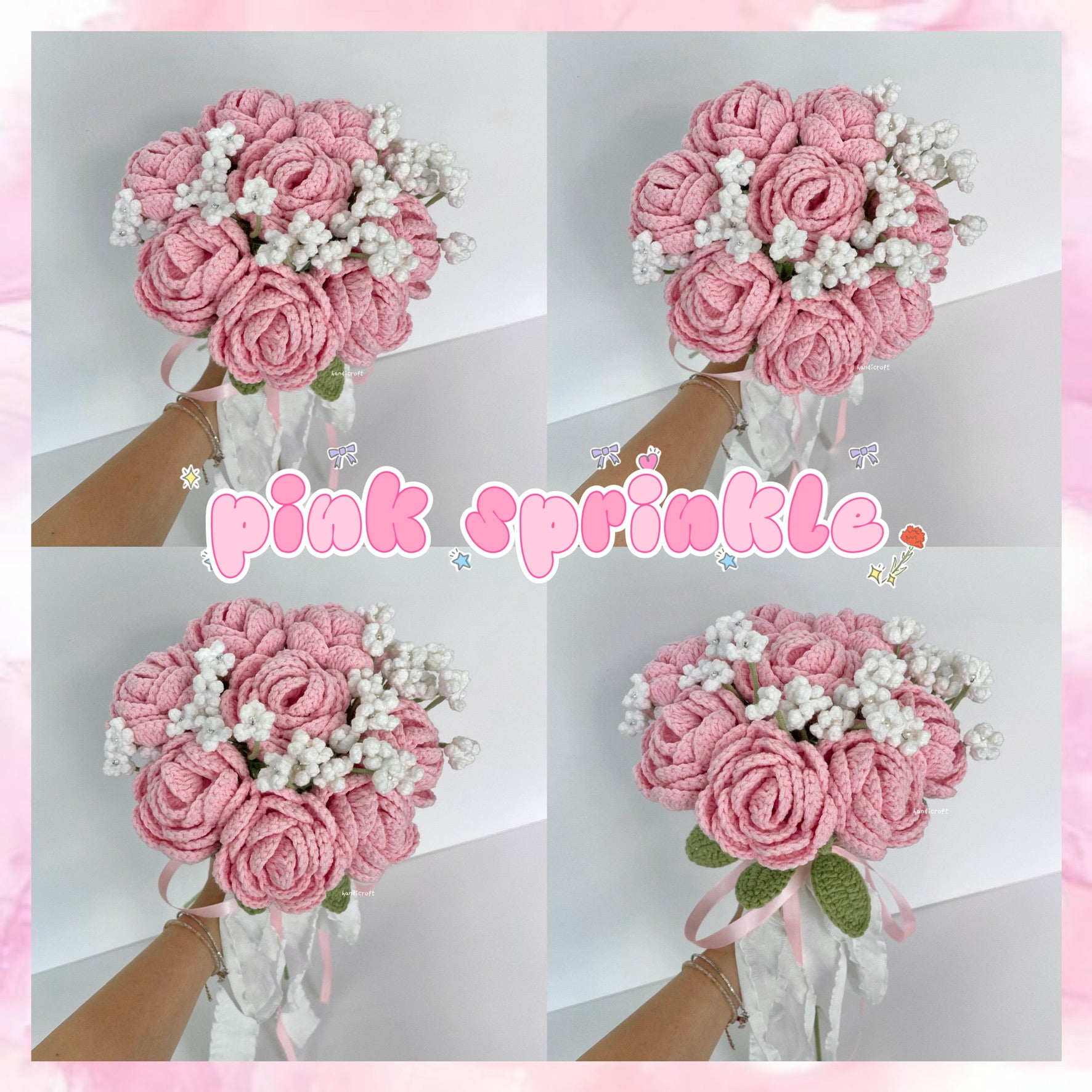 handicroft handmade crochet pink roses flower bouquet pink sprinkle