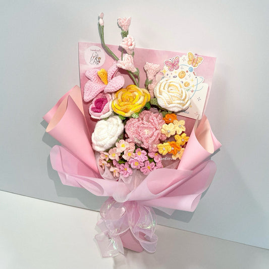 handicroft handmade crochet pink & yellow flower bouquet sunshine bliss