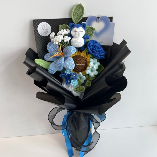 handicroft handmade crochet pokemon snorlax character sunflower bouquet snorlax snooze blue