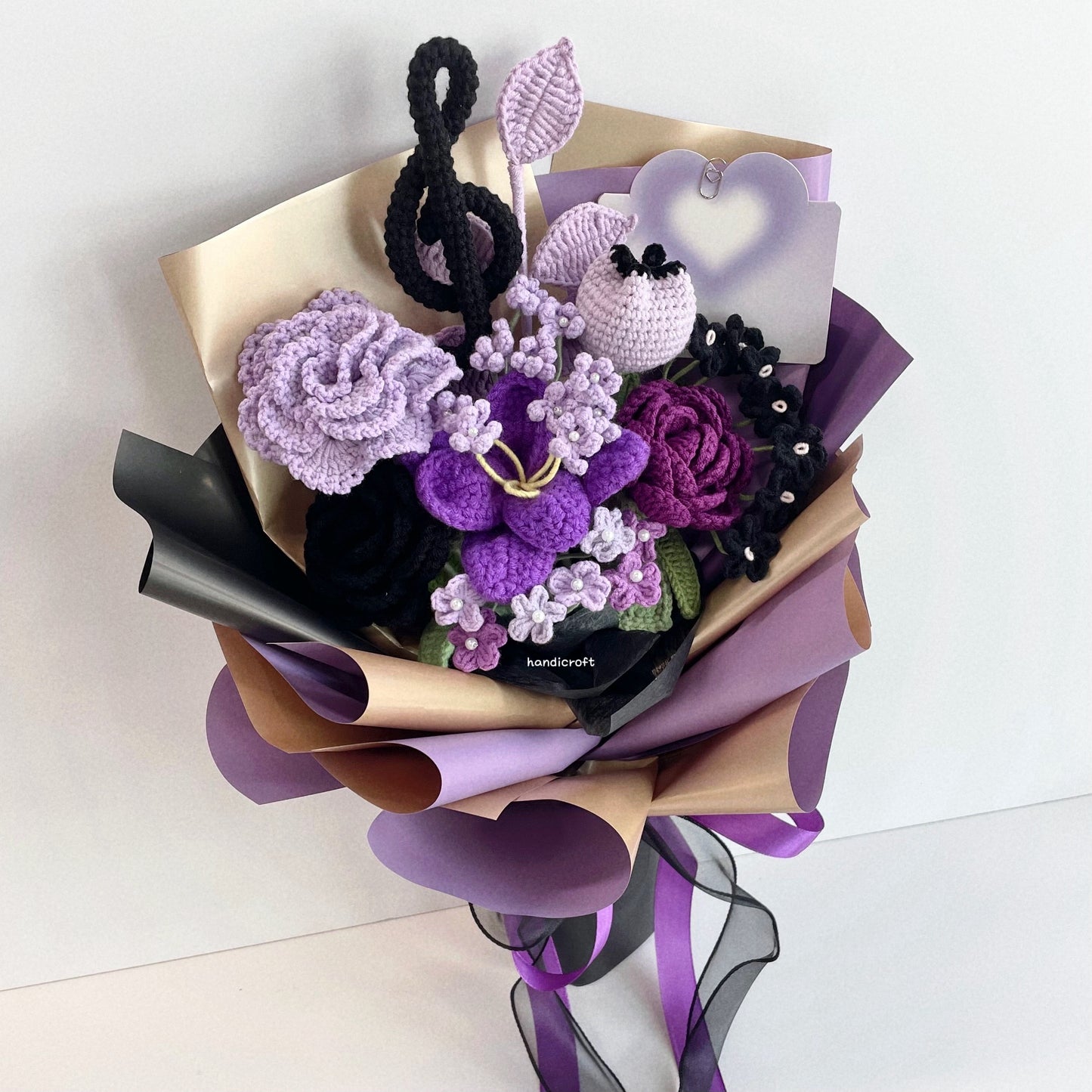 handicroft handmade crochet purple & black flower bouquet golden eclipse treble clef