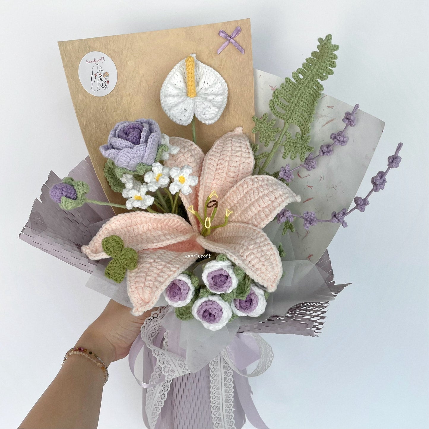 handicroft handmade crochet purple lilac lily flower bouquet lily in lilac skies