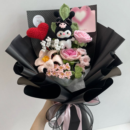 handicroft handmade crochet rabbit bunny flower bouquet sugar & spice black bunny