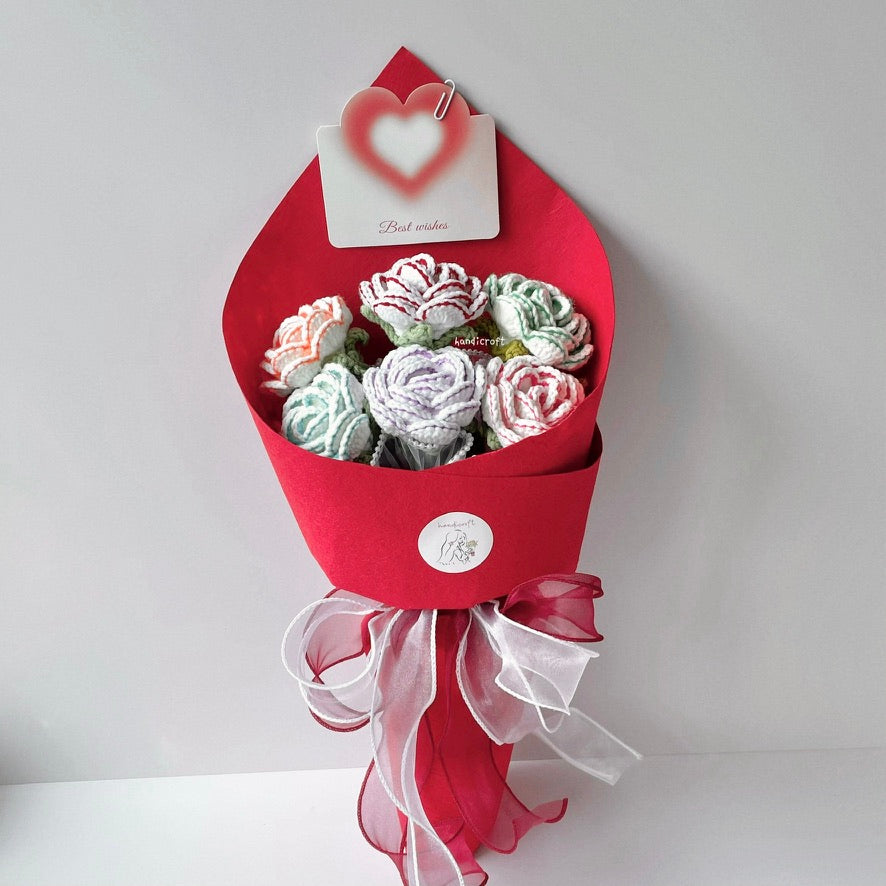 handicroft handmade crochet rainbow roses flower bouquet subtle beauty