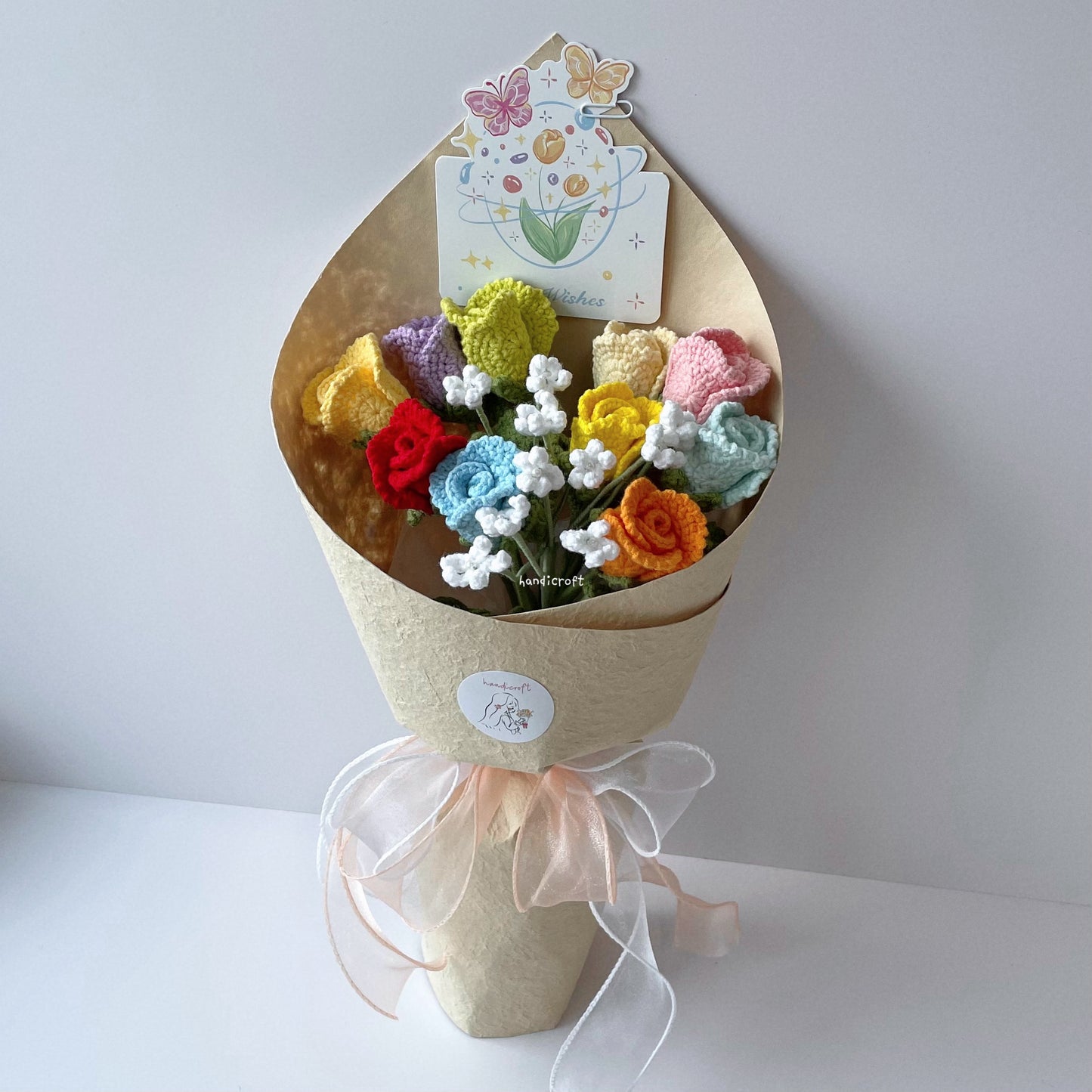 handicroft handmade crochet roselle roses rainbow flower bouquet