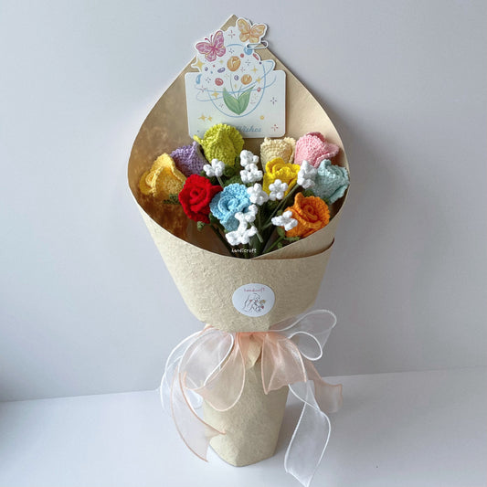 handicroft handmade crochet roselle roses rainbow flower bouquet
