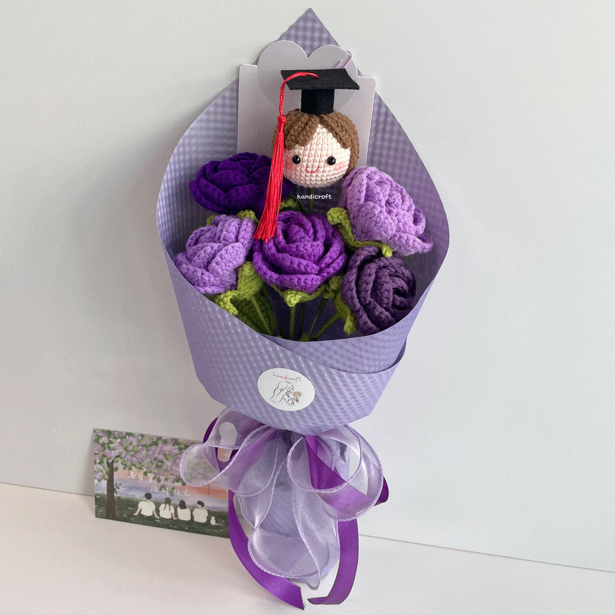 handicroft handmade crochet roses graduation flower bouquet rosy horizon purple