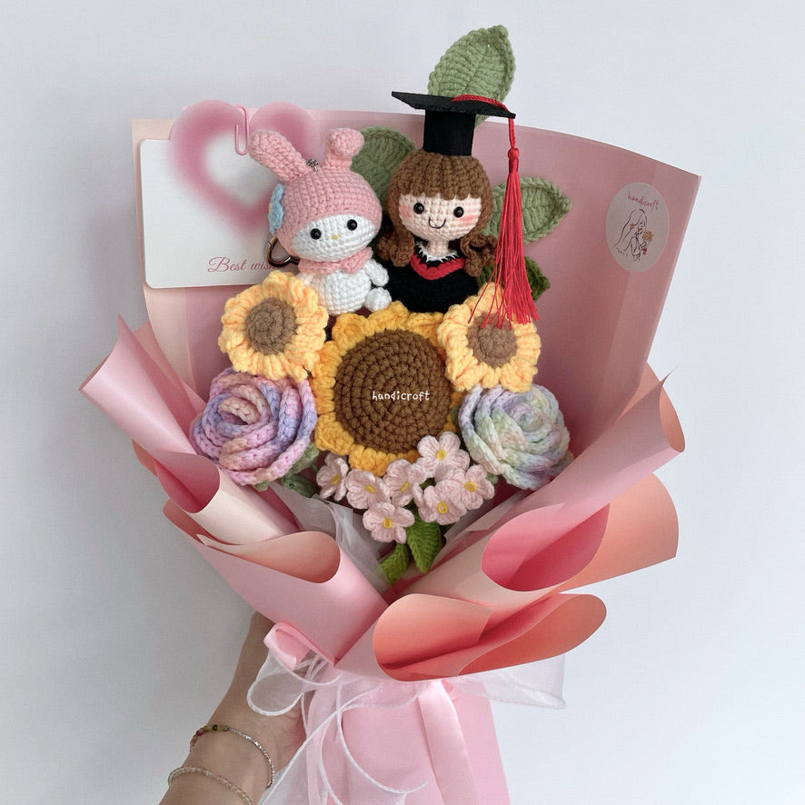 handicroft handmade crochet sanrio character my melody graduation flower bouquet my melody's sweet sunshine pink