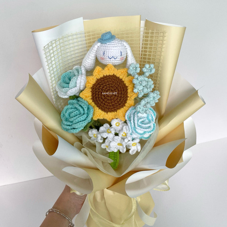 handicroft handmade crochet sanrio cinnamoroll flower bouquet cinnamoroll breeze turquoise yellow wrapping