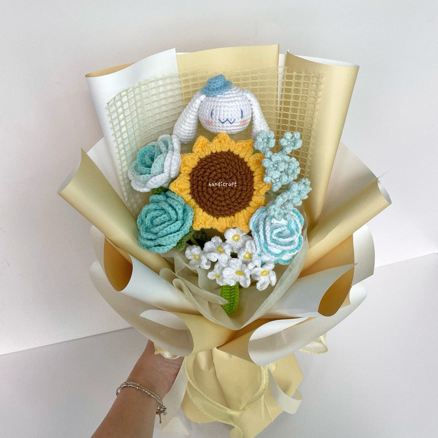handicroft handmade crochet sanrio cinnamoroll flower bouquet cinnamoroll breeze turquoise yellow wrapping