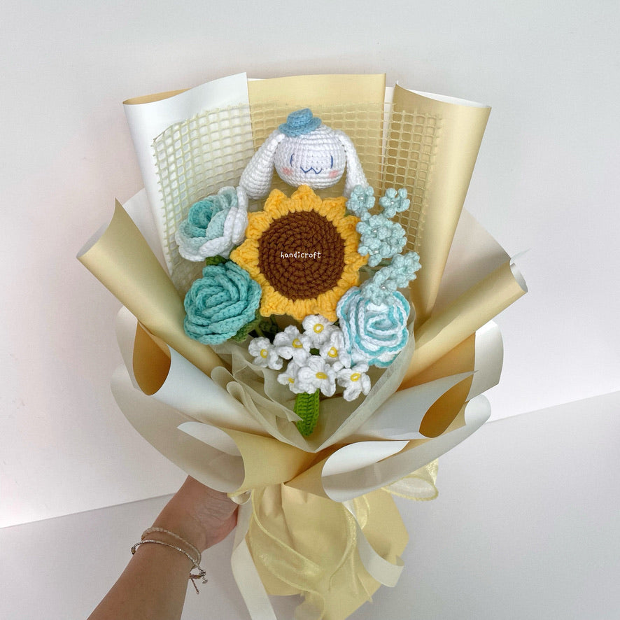 handicroft handmade crochet sanrio cinnamoroll flower bouquet cinnamoroll breeze turquoise yellow wrapping