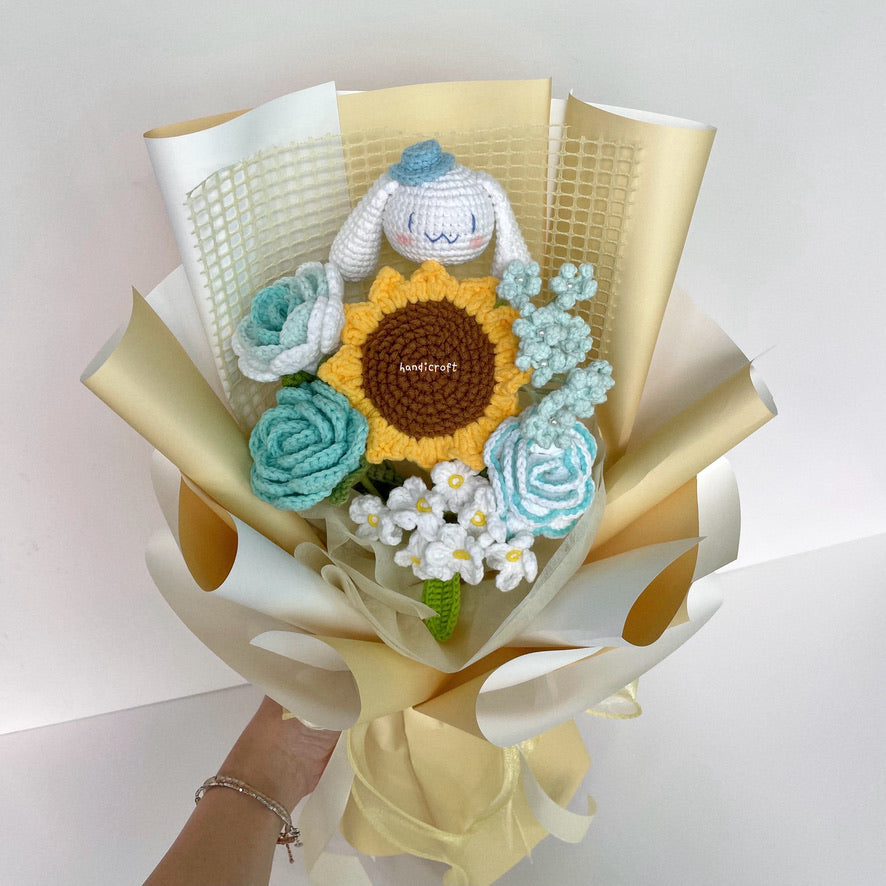 handicroft handmade crochet sanrio cinnamoroll flower bouquet cinnamoroll breeze turquoise yellow wrapping
