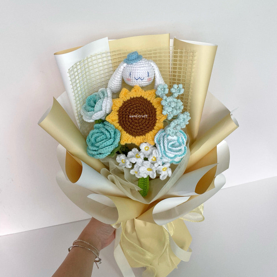 handicroft handmade crochet sanrio cinnamoroll flower bouquet cinnamoroll breeze turquoise yellow wrapping