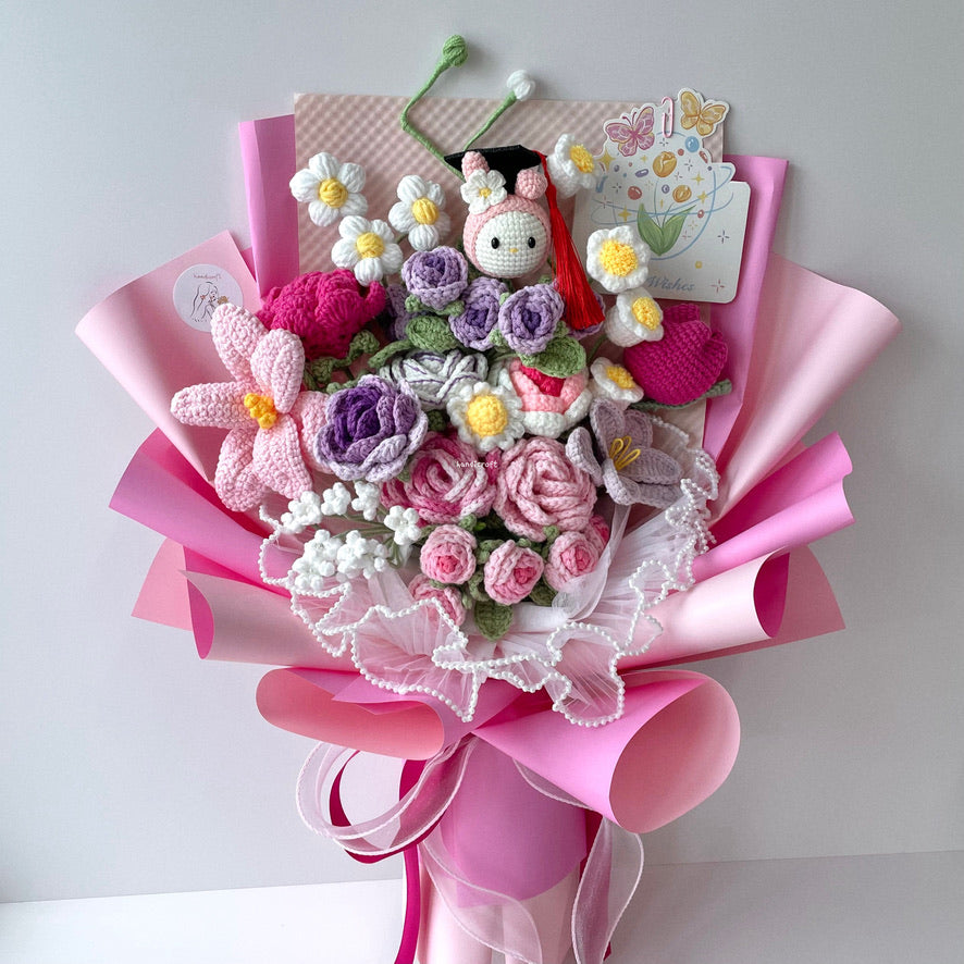 handicroft handmade crochet sanrio my melody graduation flower bouquet pink purple white
