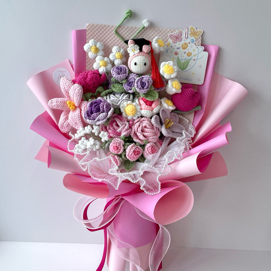 handicroft handmade crochet sanrio my melody graduation flower bouquet pink purple white