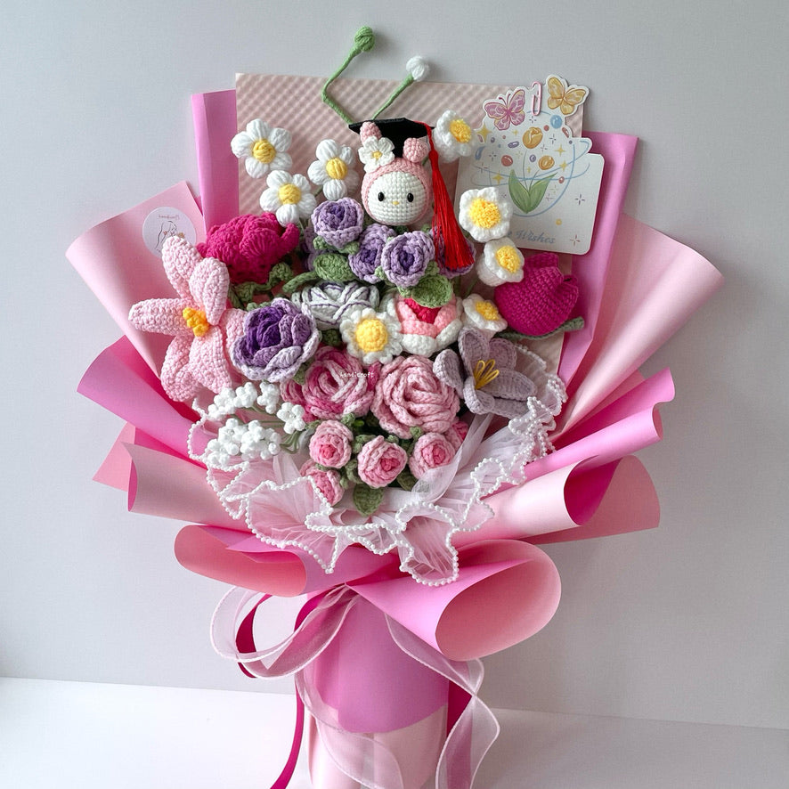 handicroft handmade crochet sanrio my melody graduation flower bouquet pink purple white