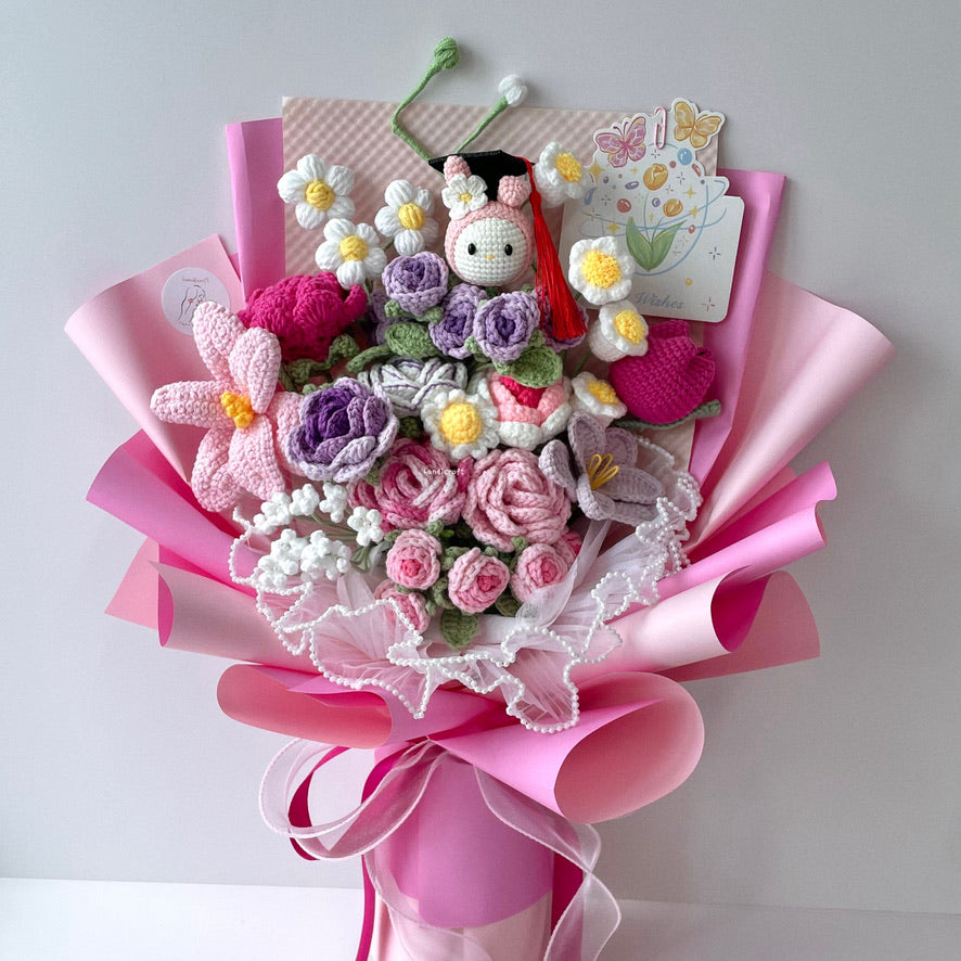 handicroft handmade crochet sanrio my melody graduation flower bouquet pink purple white