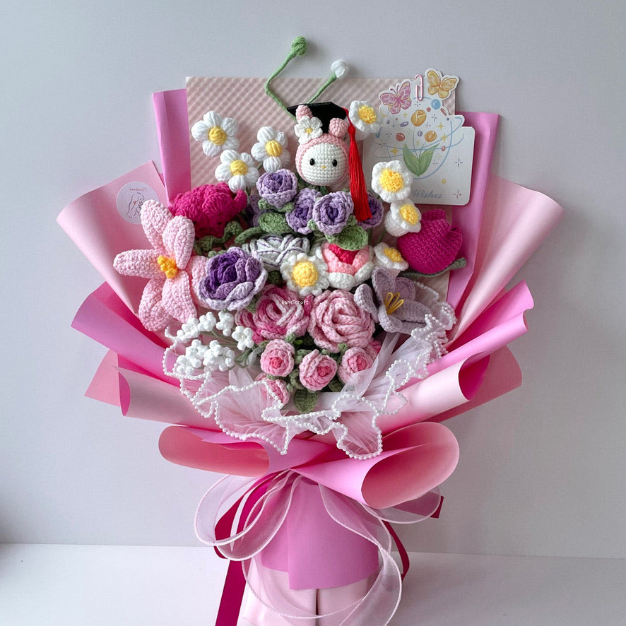 handicroft handmade crochet sanrio my melody graduation flower bouquet pink purple white
