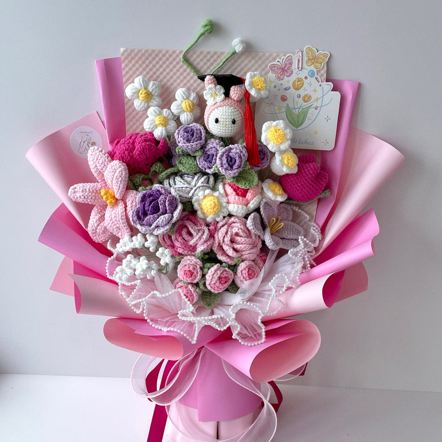 handicroft handmade crochet sanrio my melody graduation flower bouquet pink purple white