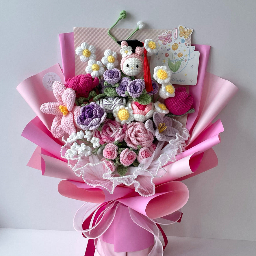 handicroft handmade crochet sanrio my melody graduation flower bouquet pink purple white