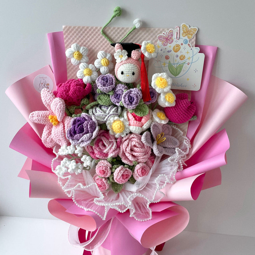 handicroft handmade crochet sanrio my melody graduation flower bouquet pink purple white