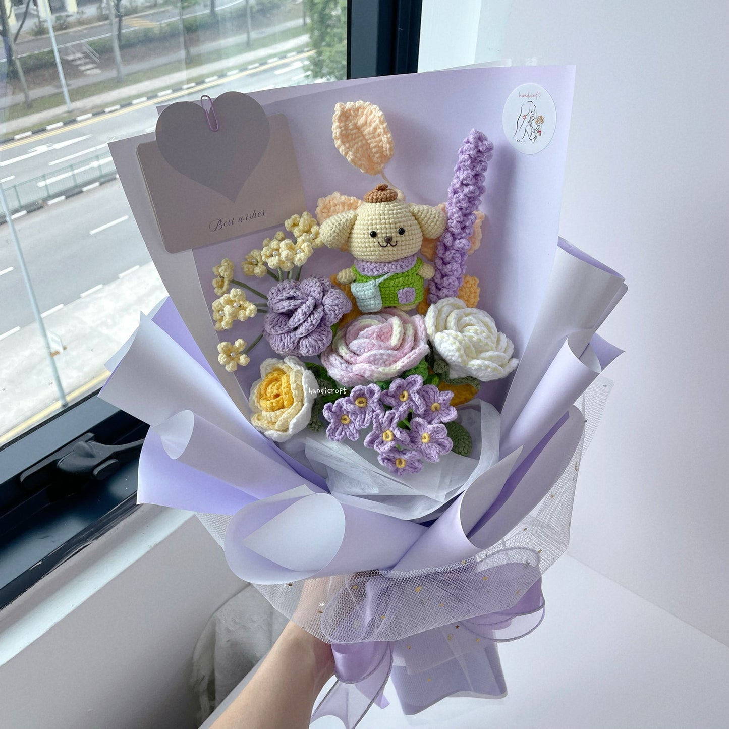 handicroft handmade crochet sanrio pompompurin flower bouquet pompom petals