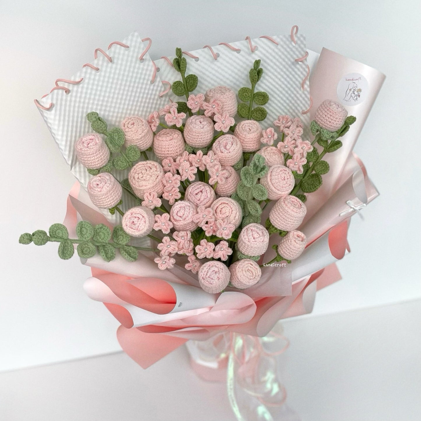 handicroft handmade crochet soft gentle pink special lychee roses flower bouquet my one & always