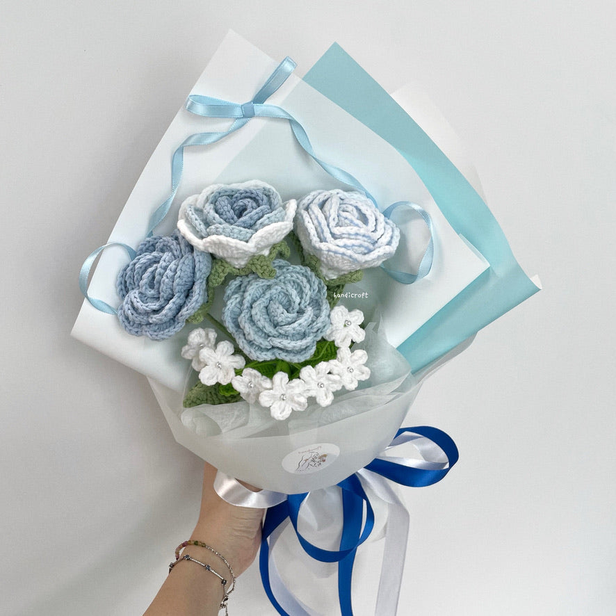 handicroft handmade crochet special roses flower bouquet a poem in pastel 6 colours blue