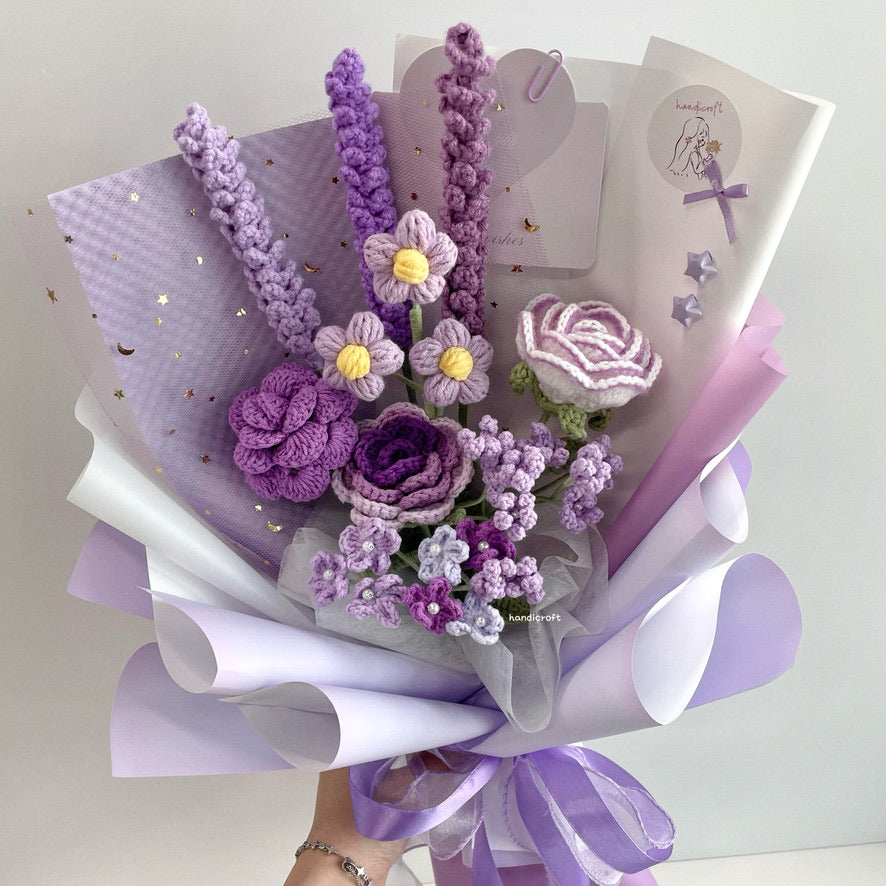 handicroft handmade crochet special roses flower bouquet lavender & love purple