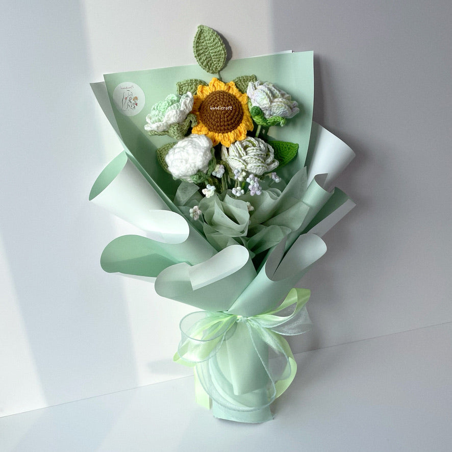 handicroft handmade crochet sunflower & roses flower bouquet sunshine & roses in green