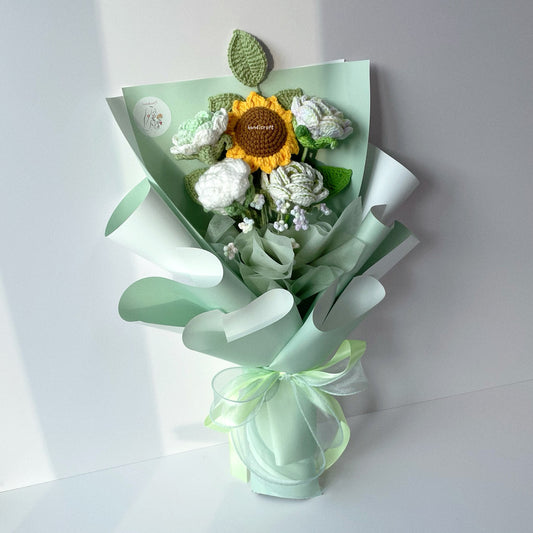 handicroft handmade crochet sunflower & roses flower bouquet sunshine & roses in green