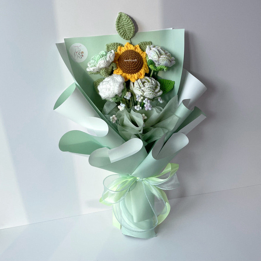 handicroft handmade crochet sunflower & roses flower bouquet sunshine & roses in green